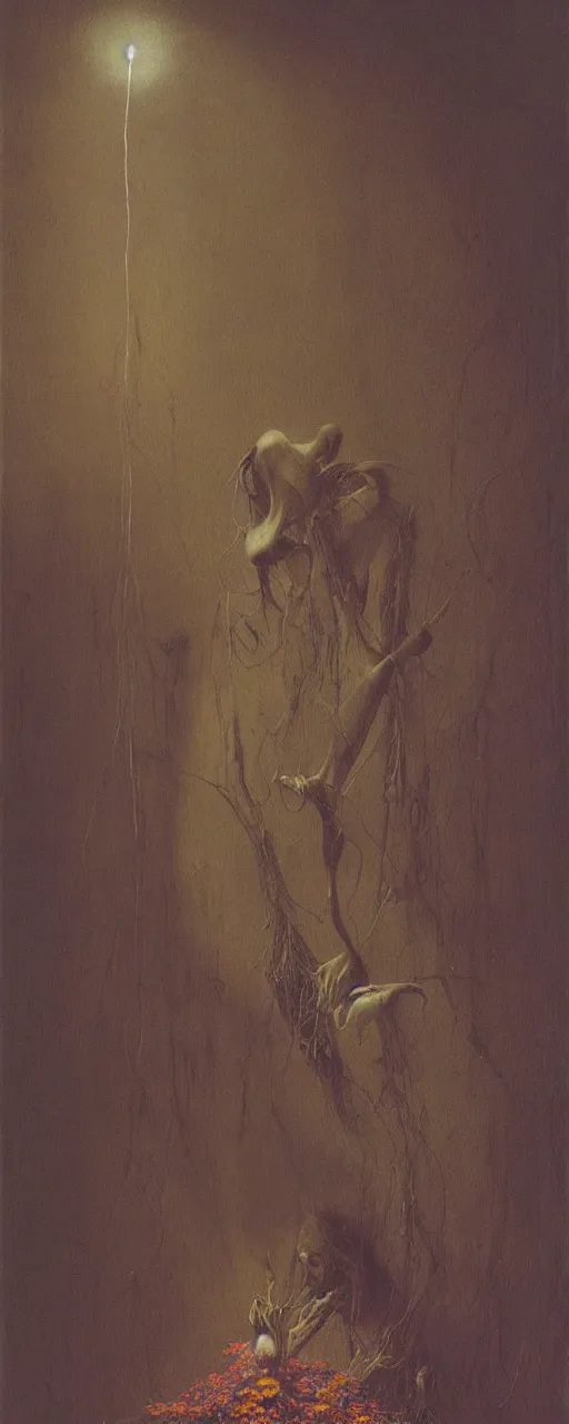 Image similar to death tending to a beautiful dried flower in a dark room, zdzislaw beksinski, arthur rachham, stephen gamell, 8 k, artstation, interior