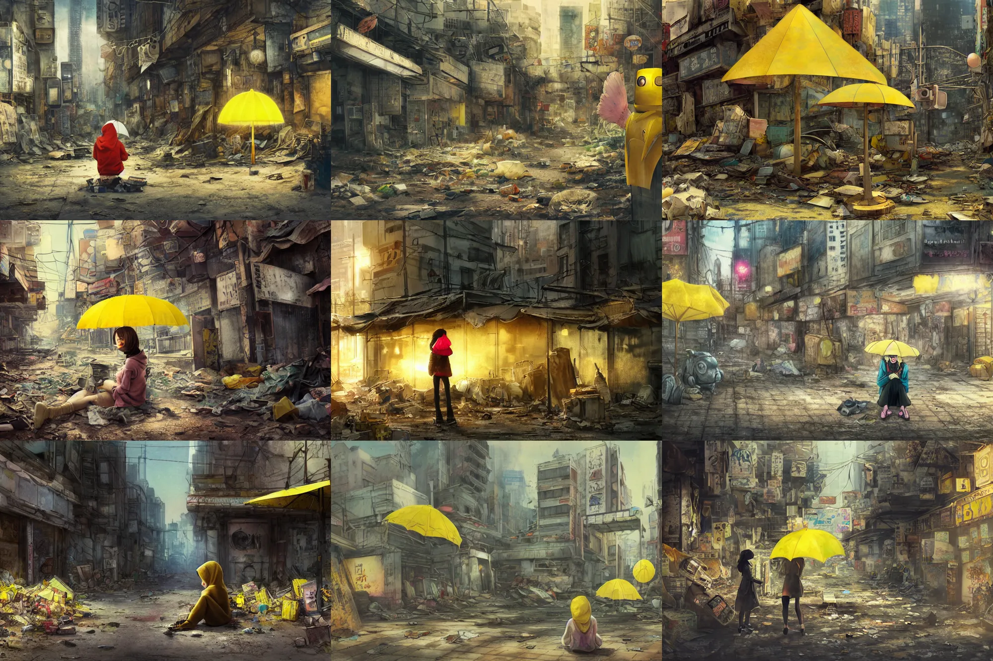 Prompt: artwork, soft bloom lighting, abandoned city, paper texture, movie scene, distant shot of hoody girl sitting under a yellow parasol in deserted dusty shinjuku junk town, old pawn shop, bright ground, lurking robot monster in background, dusty, pencil lines