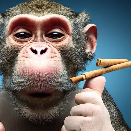 Image similar to a high detail closeup shot of a depressed monkey wearing a suit and smoking a cigar