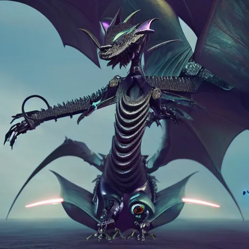 Image similar to amazing close-up shot of a cute and beautiful anthropomorphic robot female dragon, has two eyes, a sleek yet elegant design of metal plating, with two big epic wings behind her, two arms, the background is of the beach at night; high quality digital art, artstation, deviantart, furaffinity, high quality detail