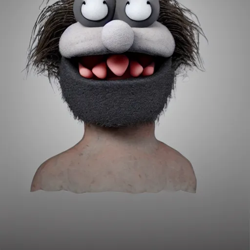 Image similar to a still of a forgotten muppet character looking very manly and modern, hilarious, laughing, hairy chest, huge chin, manly monster tough guy, roughled fur, photo real, photographic, photograph, artstation, trending, featured