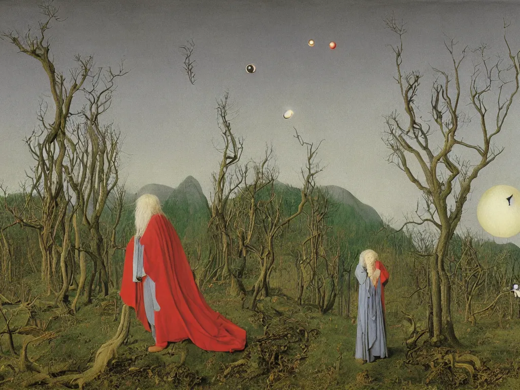 Prompt: albino mystic, with his back turned, looking at a comet over the forest in the distance. Painting by Jan van Eyck, Audubon, Rene Magritte, Agnes Pelton, Max Ernst, Walton Ford