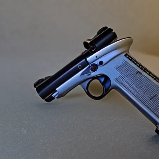 Prompt: a 3 d printed, futuristic revolver that takes glock mags. 4 k, shot on an iphone 1 2.