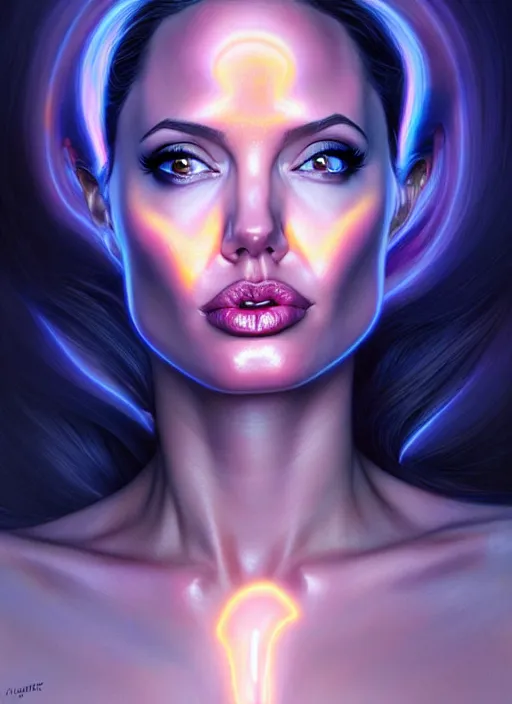 Image similar to a angelina jolie faceless glowing liquefied stardust adventurer, dnd fantasy character, full body portrait, glowing neon skin, magical aura, ultra realistic, intricate, elegant, highly detailed, digital painting, artstation, smooth, sharp, focus, illustration, art by artgerm and greg rutkowski and alphonse mucha