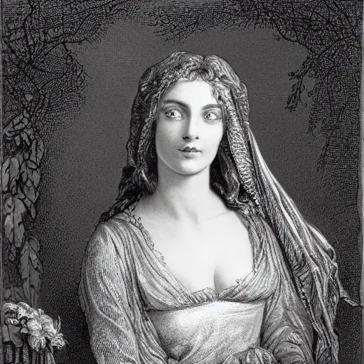 Image similar to portrait of a beautiful woman, high detail, illustration by Gustav Doré