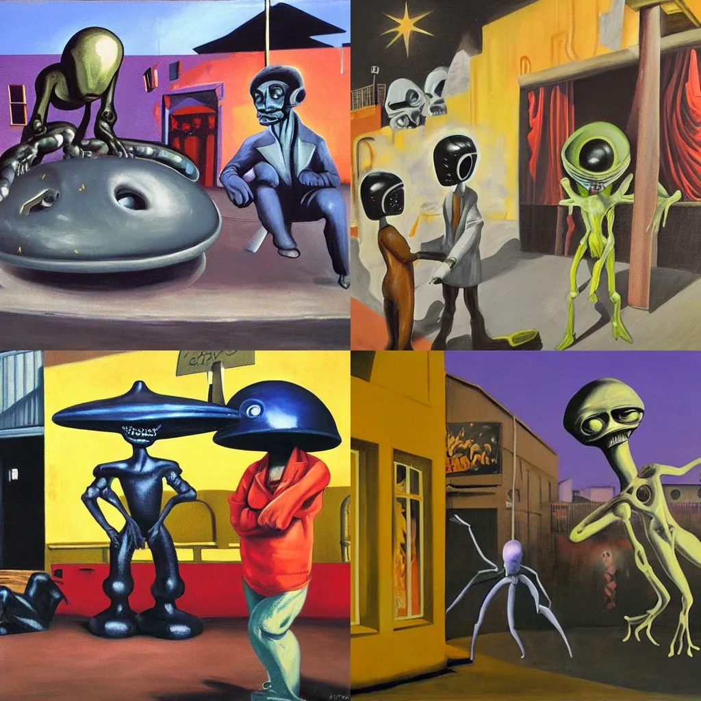 Prompt: oil painting of alien and ufo outside nightclub in the ghetto, by paula rego, by neo rauch, by eric fischl