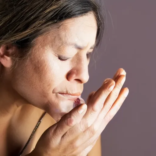 Prompt: 1 3 mm close up photo of a woman wiping away her tears with sandpaper, sharp focus