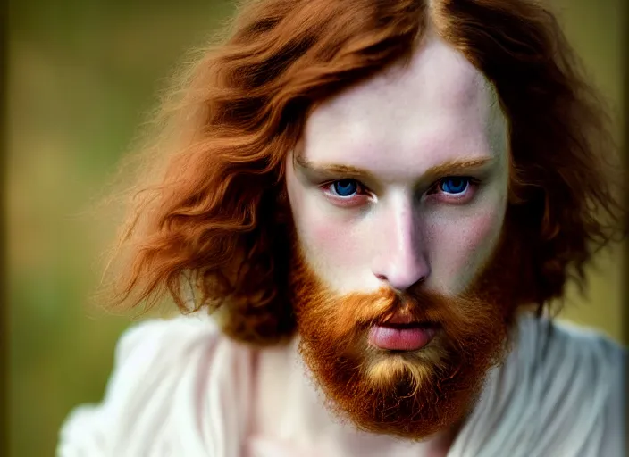 Prompt: portrait photography of a beautiful man how pre-Raphaelites beauty type in style of Nicolas False, britt marling style 3/4 , he has a short beard, ginger hair, beautiful ethereal lace white robes, 8K, soft light, volumetric lighting, highly detailed Realistic, Refined, Highly Detailed, natural outdoor soft pastel lighting colors scheme, outdoor fine art photography