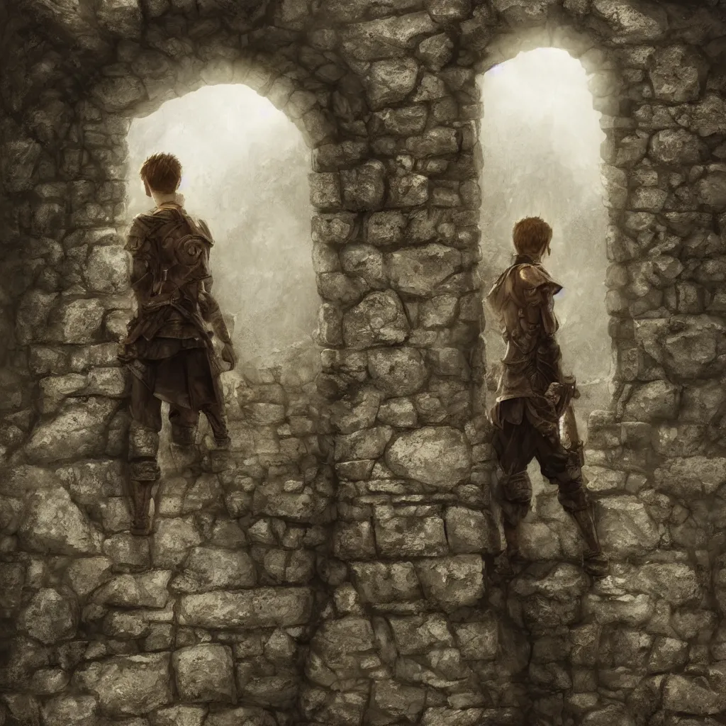 Prompt: a teenage boy standing before a stone wall, fantasy concept art, cinematic framing, cinematic lighting, movie poster art, digital art, intricately detailed, blockbuster movie art, cinematic framing