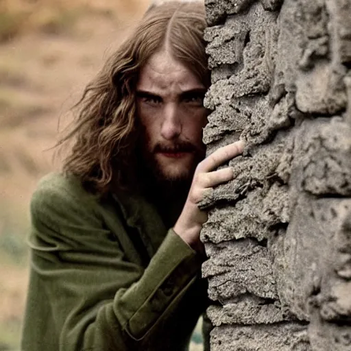 Prompt: Still of a movie set in the 1930s where a terrified young man with long hair is crouched up against a stone wall. He is looking utterly panicked and distressed