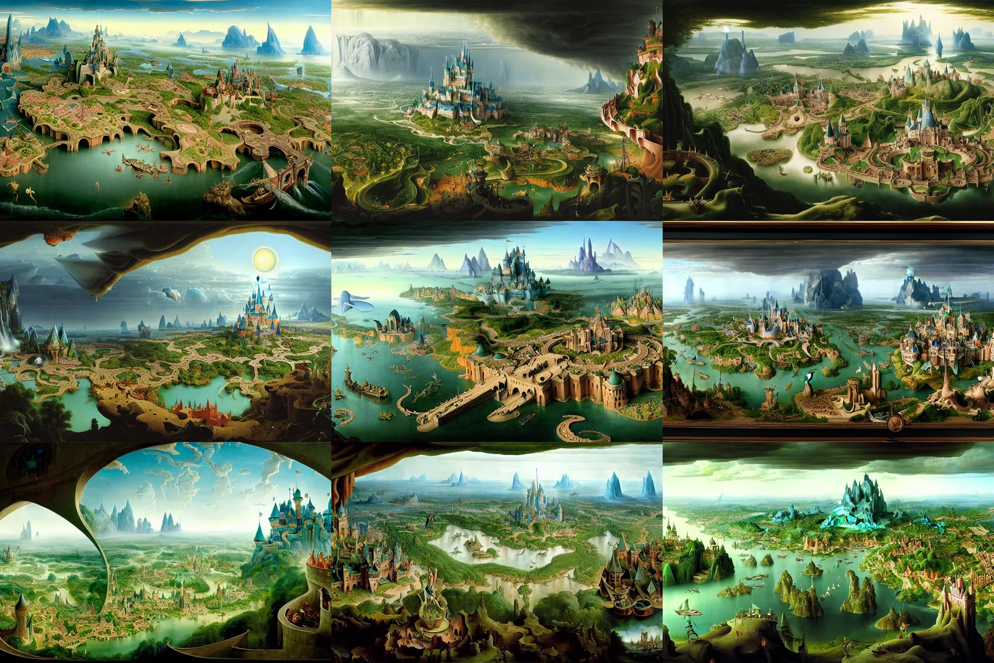 Prompt: a beautiful stunning insanely detailed complex matte painting of a magical kingdom at the edge of world by Heironymous Bosch and Jim Burns and Bernardo Bellotto