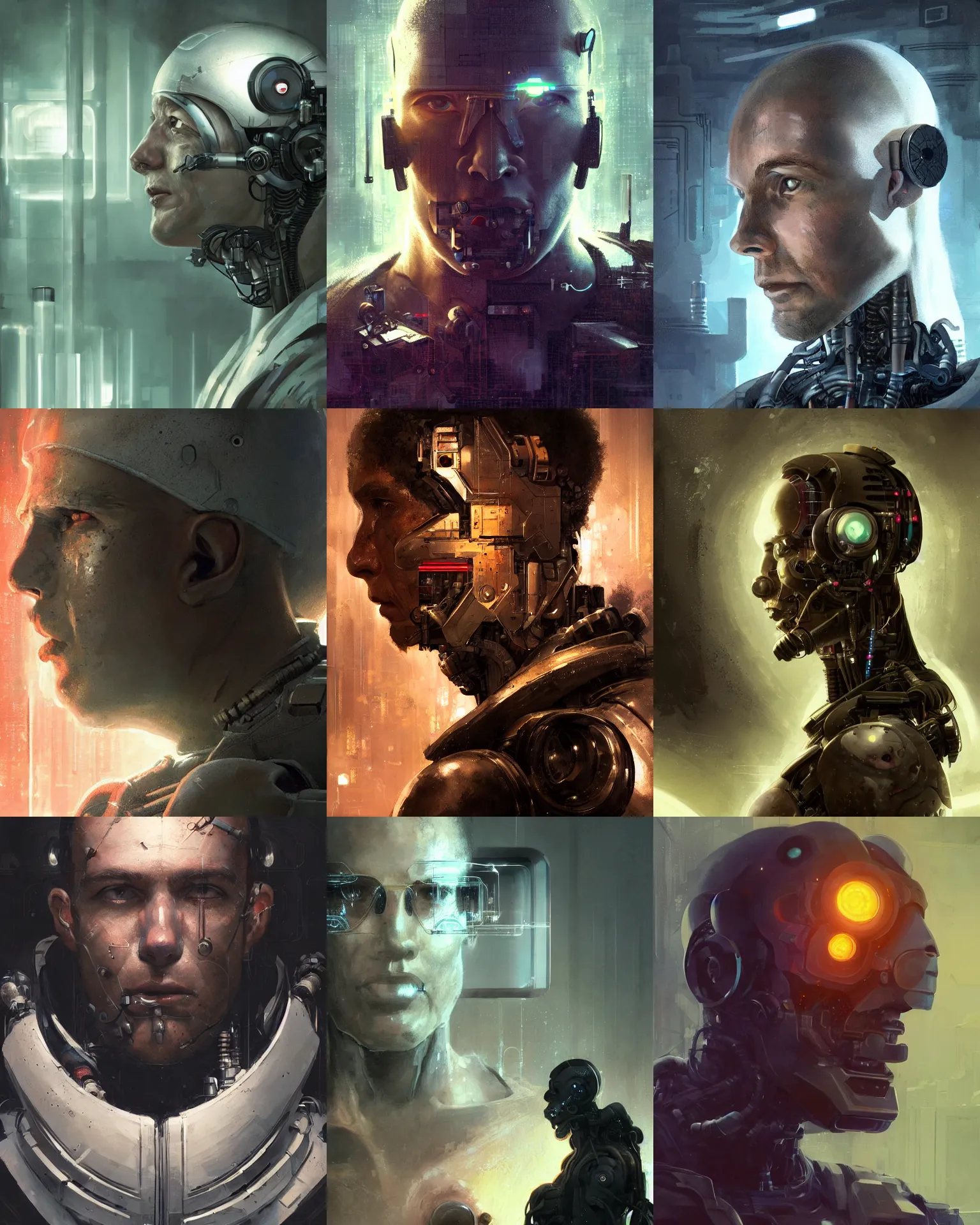 Prompt: a laboratory technician man with cybernetic enhancements seen from a distance, scifi character portrait by greg rutkowski, craig mullins, 1 / 4 headshot, cinematic lighting, dystopian scifi outfit, profile picture, mechanical, cyborg, half robot