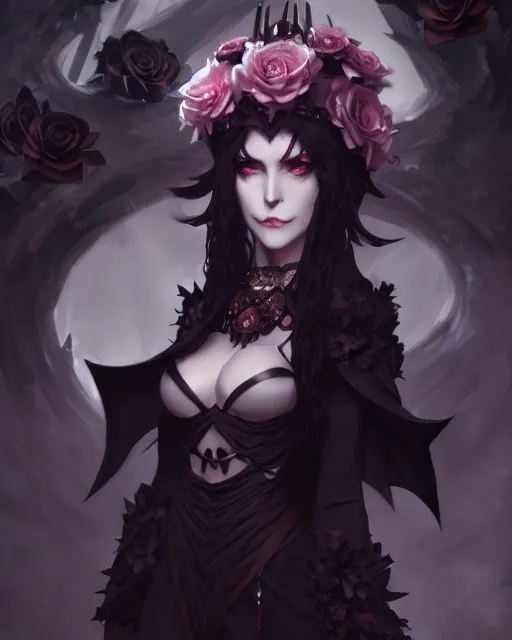 Prompt: dressed dark sorceress surrounded by black roses horns and skulls, cushart krenz, very detailed, realistic face, detailed face, matte, tonemapping, bbwchan, perfection, 4 k, cushart krenz