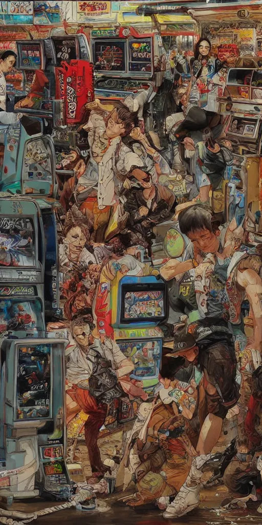 Image similar to oil painting scene from amusement arcade by kim jung gi