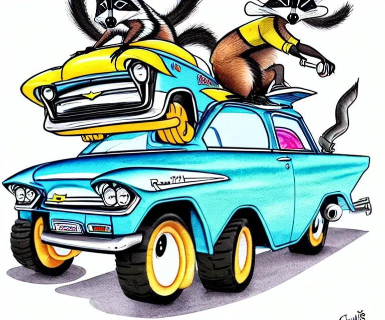 Image similar to cute and funny, racoon wearing a helmet riding in a tiny 1 9 5 7 chevy coupe, ratfink style by ed roth, centered award winning watercolor pen illustration, isometric illustration by chihiro iwasaki, edited by range murata