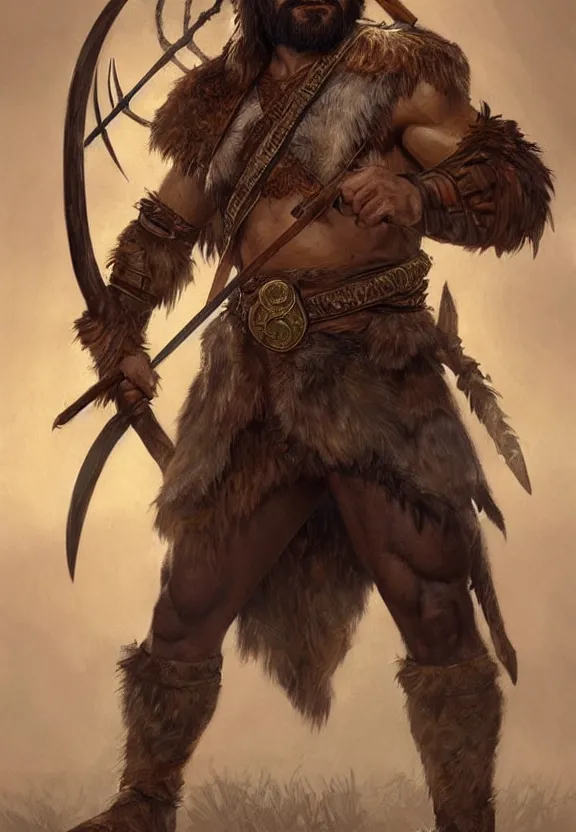 Image similar to full body portrait of a gruff ranger with a spear, wolf pelt on his head, muscular, handsome face, hairy body, D&D, fantasy, intricate, elegant, highly detailed, digital painting, artstation, concept art, matte, sharp focus, illustration, art by Artgerm and Greg Rutkowski and Alphonse Mucha