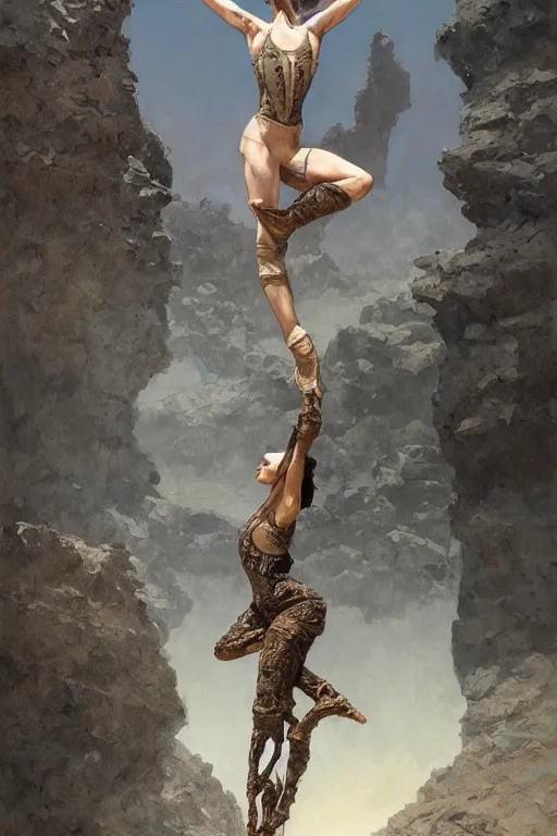 Image similar to a full body portrait of a beautiful post apocalyptic offworld desert gymnast leaping in ballet dance pose by the emerald oasis pools, intricate, elegant, highly detailed, digital painting, artstation, concept art, smooth, sharp focus, illustration, art by krenz cushart and artem demura and alphonse mucha