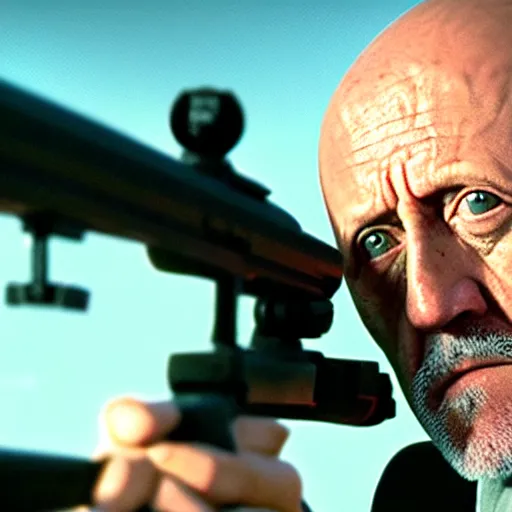 Image similar to Film still of Mike Ehrmantraut aiming with a !!!sniper rifle!!!, 4k, !!highly detailed!!