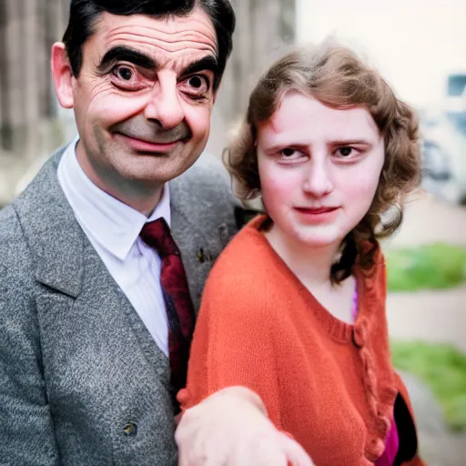 Image similar to A portrait mr bean elizabeth teams up with a teenage mr bean, perfect faces, 50 mm, award winning photography