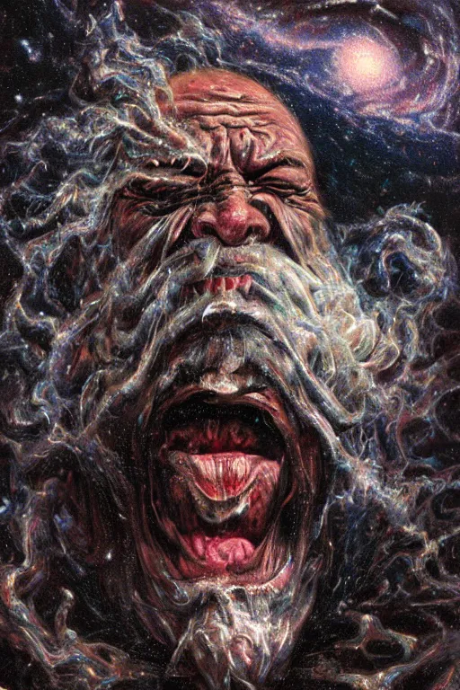 Prompt: an old man screams and a tornado comes out of his mouth by artgem and les edwards, highly detailed, high contrast, light reflection, trippy, nebula, trending on artstation