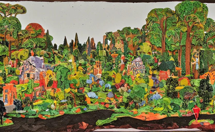 Prompt: a landscape painting,, claymation, henri berthaut, ( ( colored pen ) ), art - deco, miner kilbourne kellogg, gardens, ( collage )