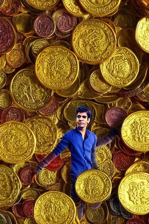 Prompt: intricate color photo of rishi sunak on top of a mountain of gold coins 8 k octane beautifully detailed render