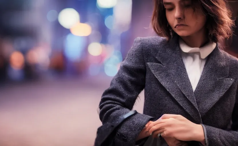 Prompt: a wide shot of a woman with a wool suit, blurred face, wearing an omega speedmaster on her wrist in a dystopian city at night with cyberpunk lights