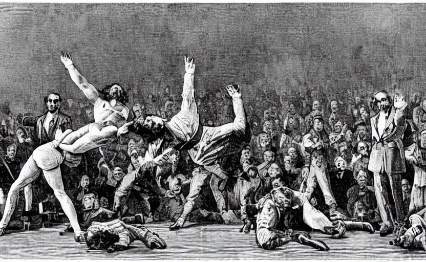 Image similar to Karl Marx as WWE wrestler suplexing Friedrich Nietsche on a WWE ring and the crowd goes crazy, sports photo, highly detailed