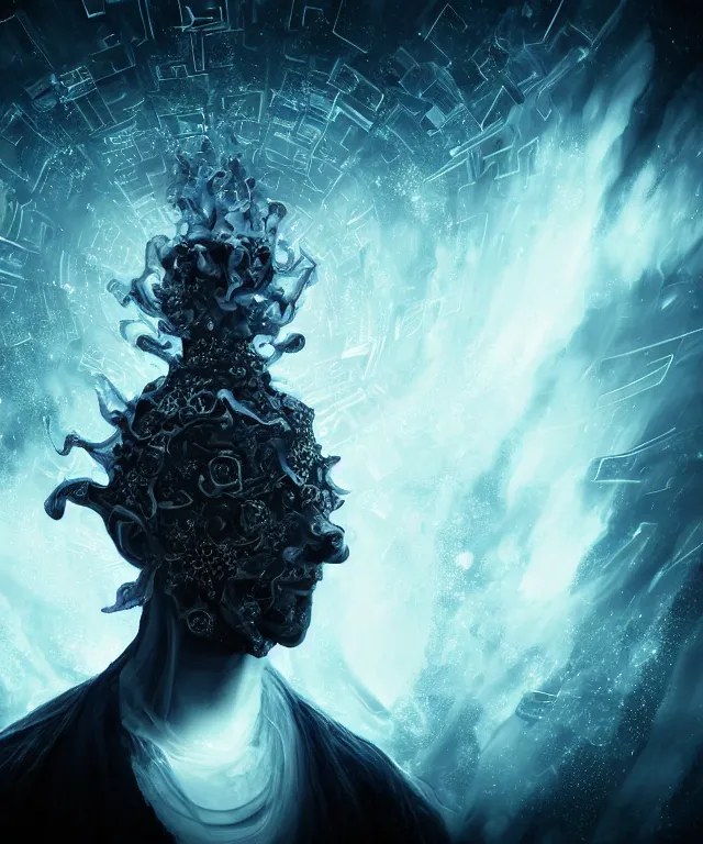 Image similar to impressive ominous front!! shot photo of a court jester character fine portrait fine portrait mesmerizing fractal hyper cubes platinum cracked dark future hyper dimensional space galactic crystal nebula edges elegant detailed intricate concept artstation sharp focus ray tracing cinematic masterpiece temporal corruption beeple wlop germ 8 4 k scifi glossy hyper realistic illustration canon eos r 3 fujifilm x - t 3 0 sony alpha a 6 6 0 0