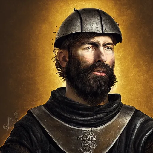 Prompt: Closeup of frustrated and acerbic male medieval sergeant with a {short} beard wearing a {black!!!! and yellow tabard} over a steel breastplate and a black gambeson looking up from a map on a table, intricate, dramatic lighting illustration by Greg Rutkowski, {perfect face}, {perfect eyes}, fantasy