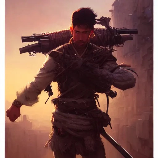 Image similar to Hyper realistic detailed portrait of !!!!!!Kurdish samurai, Stephen Bliss, unreal engine, fantasy art by Greg Rutkowski, Loish, Rhads, ferdinand knab, Makoto Shinkai and Lois van baarle, ilya kuvshinov, rossdraws, Tom Bagshaw, alphonse mucha, global illumination, radiant light, detailed and intricate environment, highly detailed, award winning art