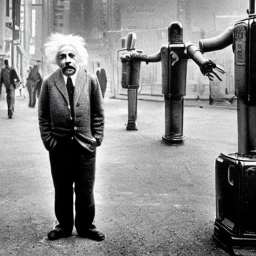 Image similar to einstein standing alone in a scifi city, robots, photograph