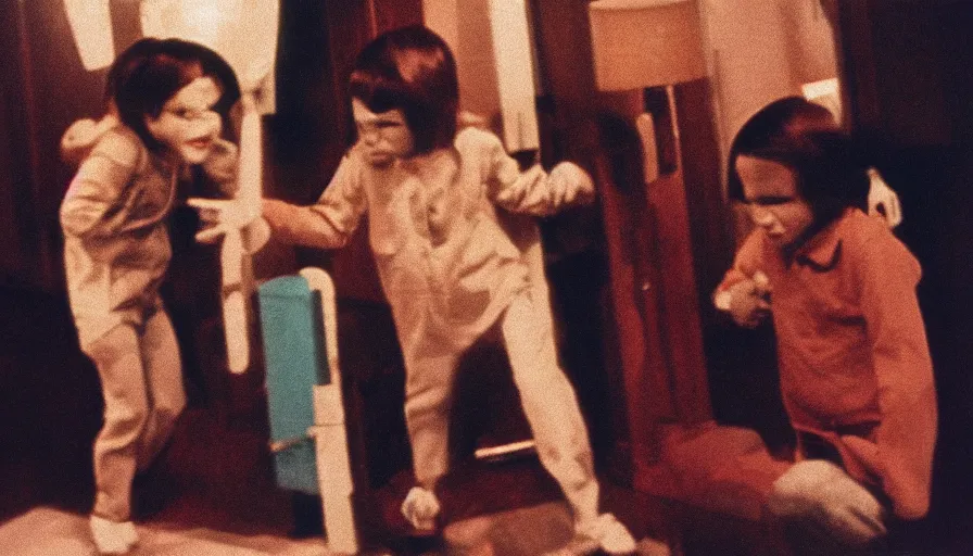 Prompt: 7 0 s film still from a horror movie featuring adult conjoined twins, kodachrome, cinecolor, cinestill, photorealism, cinematic, film grain, film texture, vhs recording