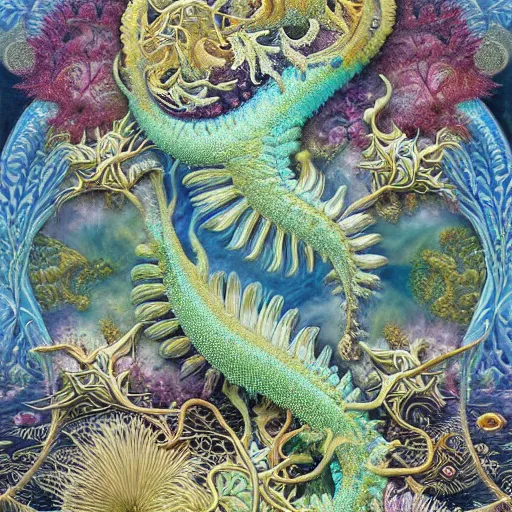 Prompt: hyperrealistic detailed painting of a fractal sea dragon, with flowers, butterflies, corals, sea kelp, sea plants, starfish, jellyfish, bacteria, fish skeletons, golden filigree, art by ernst haeckel, john william godward, hammershøi, alphons mucha, pontormo, ornamental, decorative, art nouveau pattern, deep pastel colours,