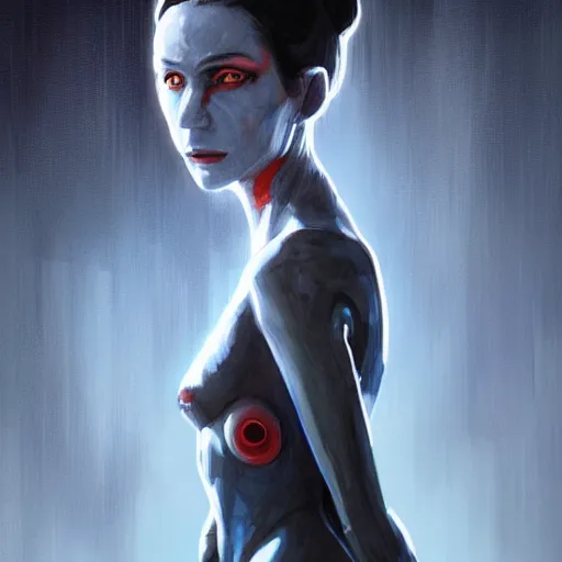 Prompt: portrait of an alien woman by Greg Rutkowski, blue skin, red eyes, black hair with two strand around her face, authority figure, secretary general of the galactic alliance, wearing black uniform, Star Wars Expanded Universe, highly detailed portrait, digital painting, artstation, concept art, smooth, sharp foccus ilustration, Artstation HQ