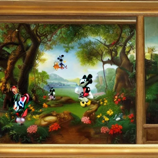 Image similar to mickey mouse entering the garden of eden, oil painting, masterpiece