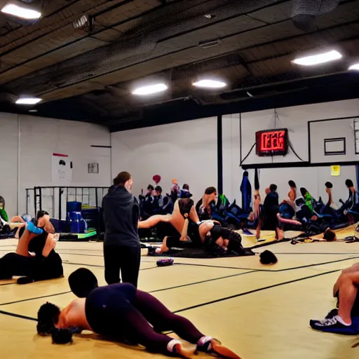 Prompt: people in a gym get ready for competetive sleeping, photograph, action photography