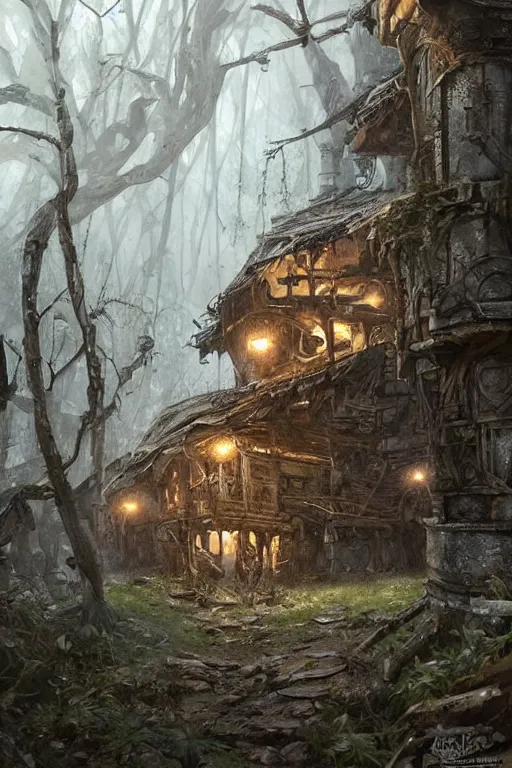 Prompt: a ramshackle multistory hut in the woods, well armored, intricate, elegant, fantasy, highly detailed, digital painting, concept art, sharp focus, illustration, artstation, art by artgerm and greg rutkowski