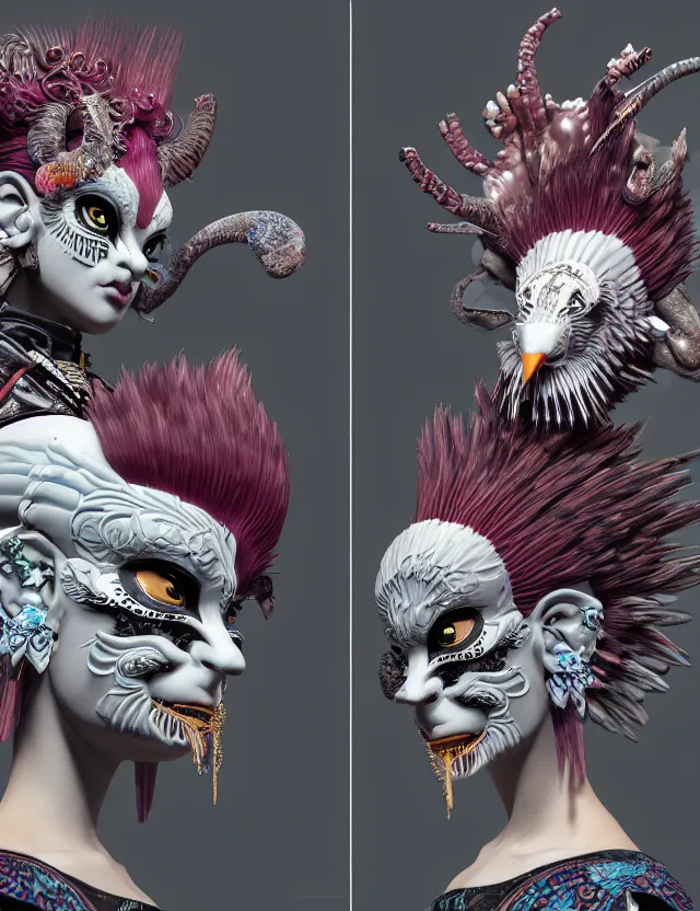 Image similar to 3 d goddess close - up profile portrait punk with mohawk with ram skull. beautiful intricately detailed japanese crow kitsune mask and clasical japanese kimono. betta fish, jellyfish phoenix, bio luminescent, plasma, ice, water, wind, creature, artwork by tooth wu and wlop and beeple and greg rutkowski