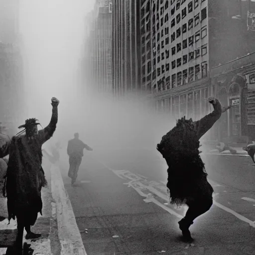 Prompt: old black and white photo, 1 9 1 3, depicting a techno viking shaman rampaging through the bustling streets of new york city, historical record, volumetric fog