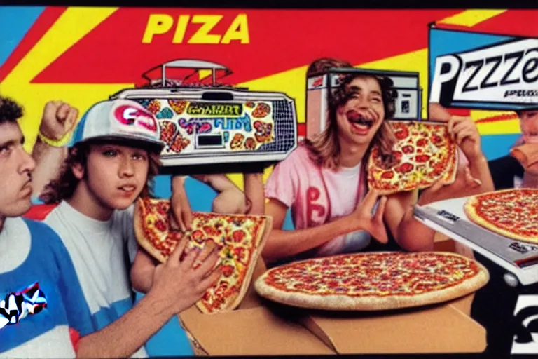 Prompt: 80s, arcade, skateboard, supreme pizza, advertisement