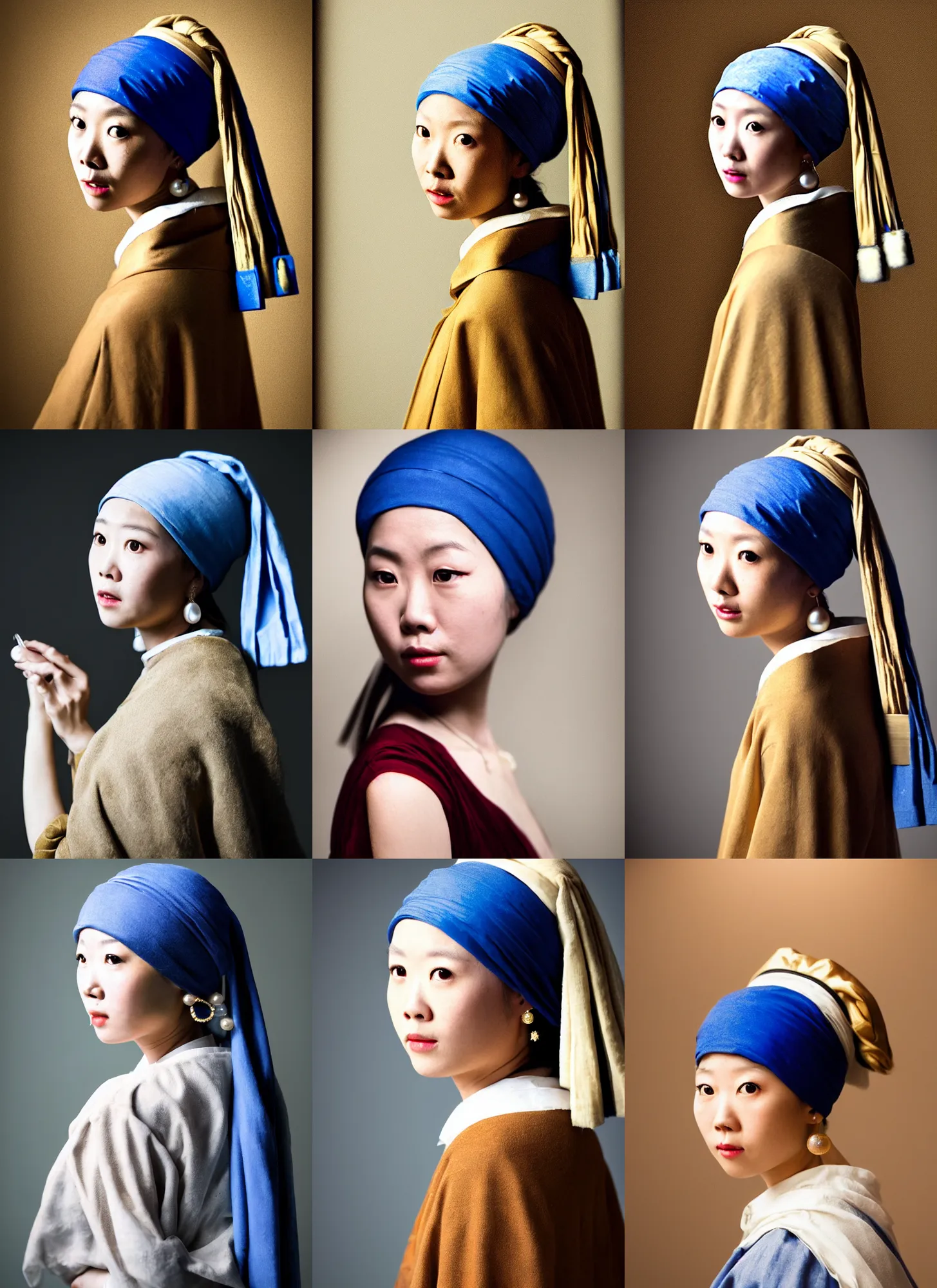 Prompt: girl with a pearl earring, real life portrait, historical reenactment, history drama, beautiful, art brought to life, dslr photo, iso 1 0 0, f / 2 2, studio lighting, 8 k, asian girl, asian actor