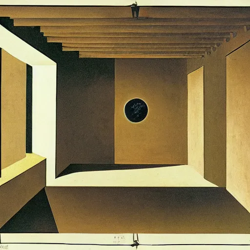 Prompt: a tear from an eye. a parade of disconnected images : obscure corners of nameless interiors, astronomical diagrams projecting the distances between celestial bodies, a painting by giorgio de chirico, a list of unpopular anagrams.