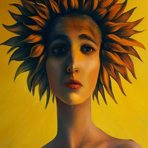 Prompt: closeup, giant sunflower head, woman standing in a luxury apartment, surreal, dramatic light, impressionist painting, digital painting, artstation, georgia o'keeffe