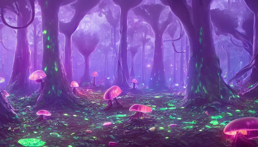 Image similar to a fluorescent giant mushrooms forest, beautiful crystal deposits glowing on the floor, in style of laurel d austin, 2 d art, concept art, fantasy, high detail, trending on artstation