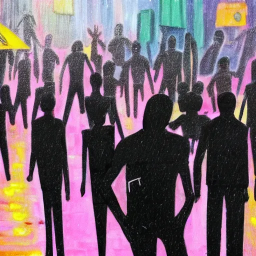 Prompt: A black figure walks through a colorful crowd of people in the city, night, rain