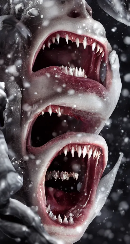 Prompt: up close shot of regular teeth with two vampire fangs, winter, dark scenery, dark lighting, cinematic, cold freezing nights, laser lights, cybernetic, top floor boss shit, destroy lonely, black floor, lavish, luxurious, marble walls, cinematic, hyper realism, high detail, octane render, 8 k