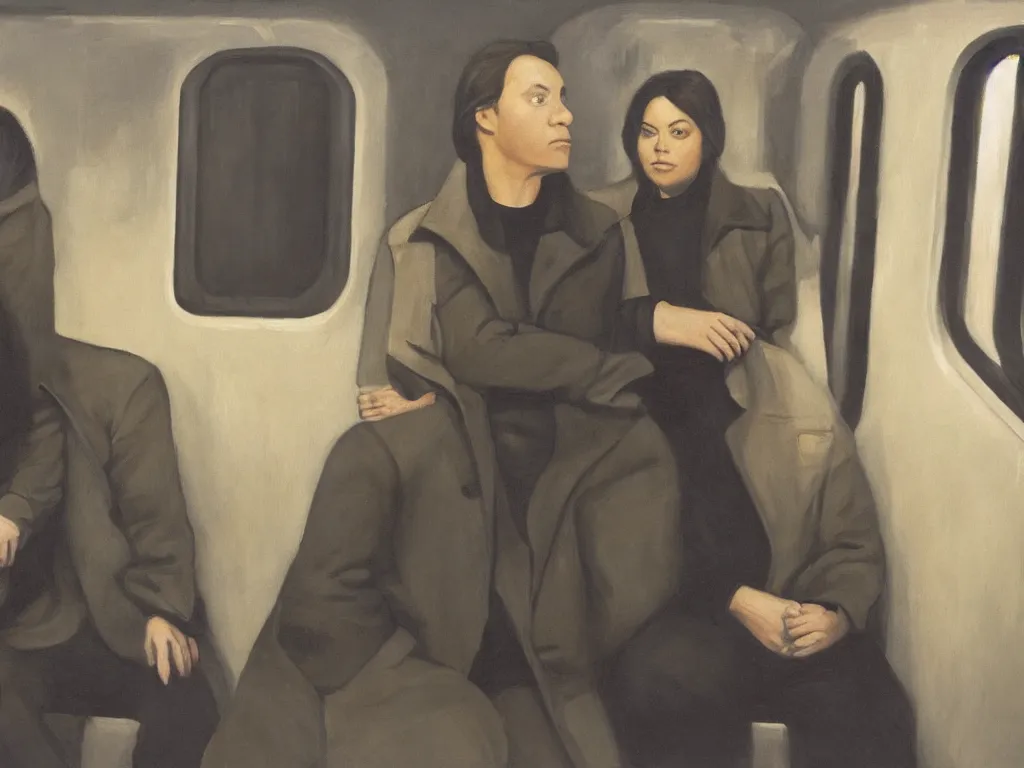 Prompt: an oil painting by Grant Wood, a low angle medium shot of two people sitting in an empty Chicago subway train, in front of windows: a sad Aubrey Plaza wearing a parka and a friendly Mads Mikkelsen in a suit