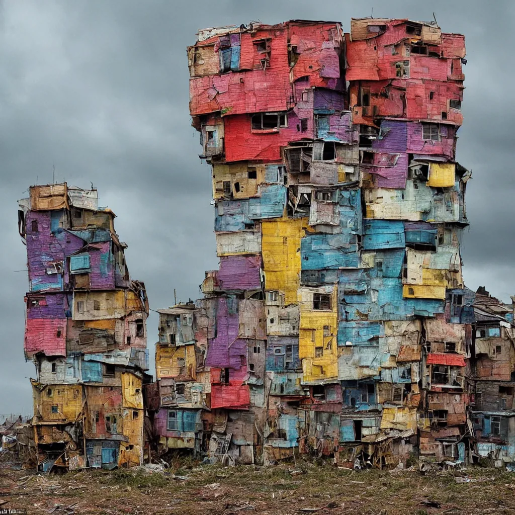 Image similar to close - up view of a tower made up of colourful makeshift squatter shacks with bleached colours, moody cloudy sky, dystopia, mamiya, fully frontal view, very detailed, photographed by bruno barbey