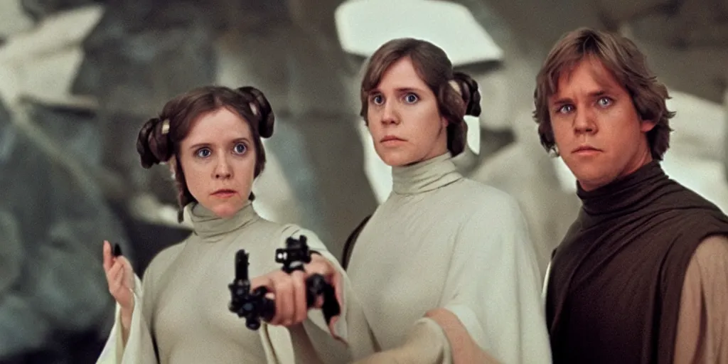 Image similar to screenshot of Luke Skywalker teaching Princess Leia the force, the two people are in a lost jedi Temple, 1970s sci fi film by Stanely Kubrick film, color kodak, Ektachrome, anamorphic lenses, detailed faces, hyper-realistic, photoreal, detailed portrait, moody cinematography, strange lighting